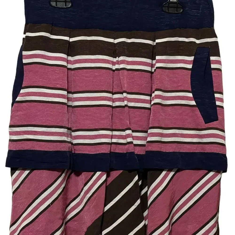 Anthropologie Maeve Ellery Pink Blue Brown Striped Pocket Lined Skirt‎
